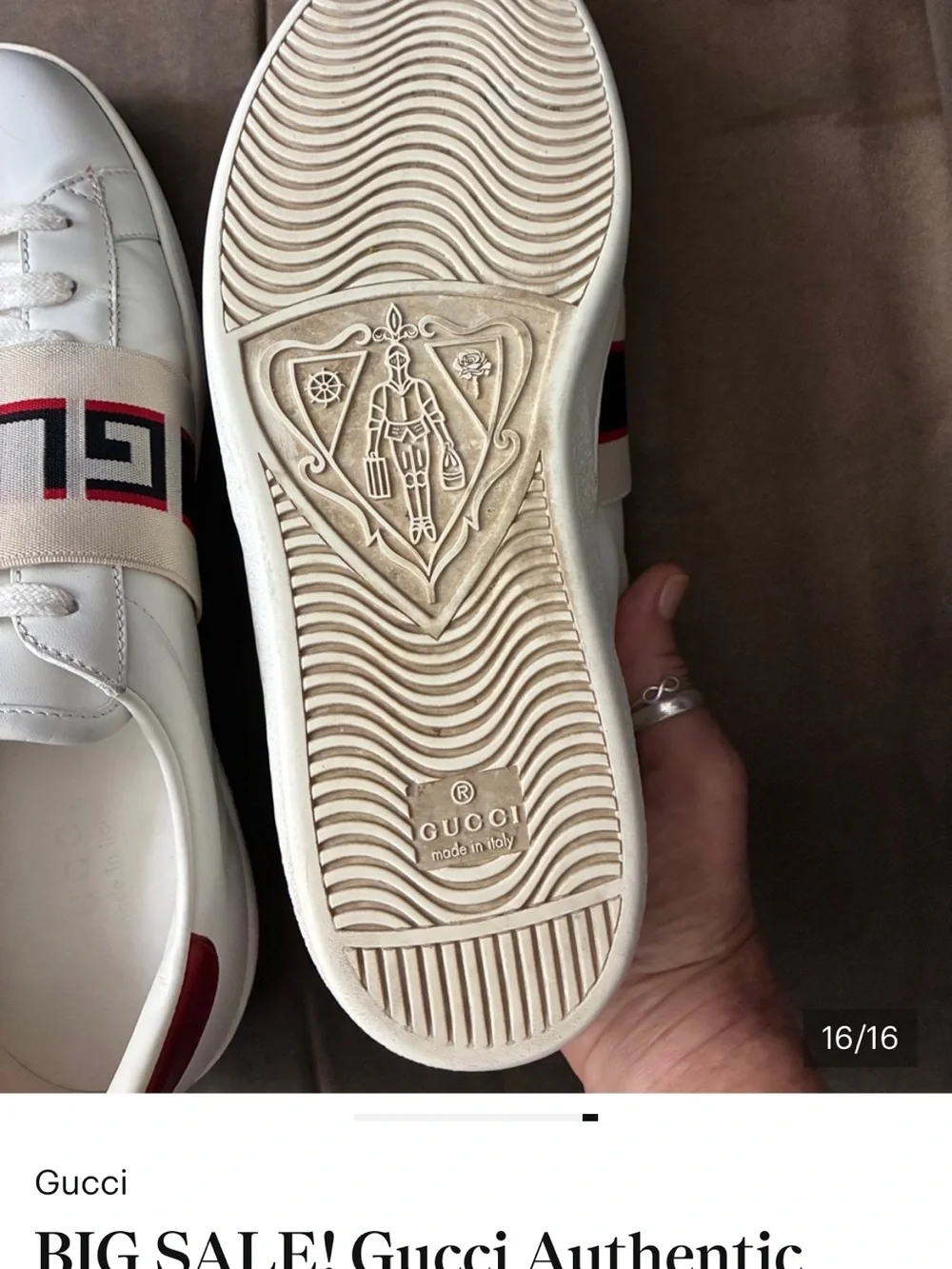 SALE GUCCI White Leather Sneakers Logo Strap across foot men’s has serial number